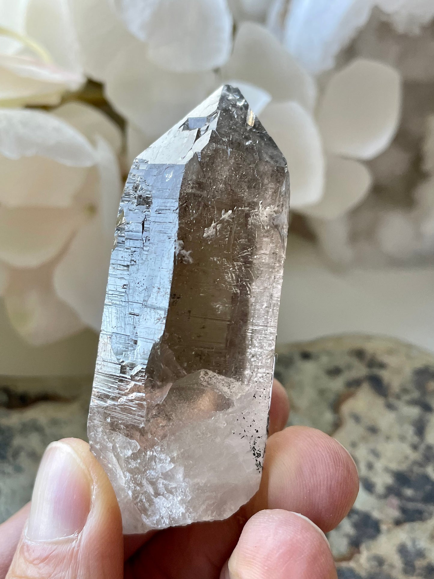 Lemurian smoky quartz with inclusions