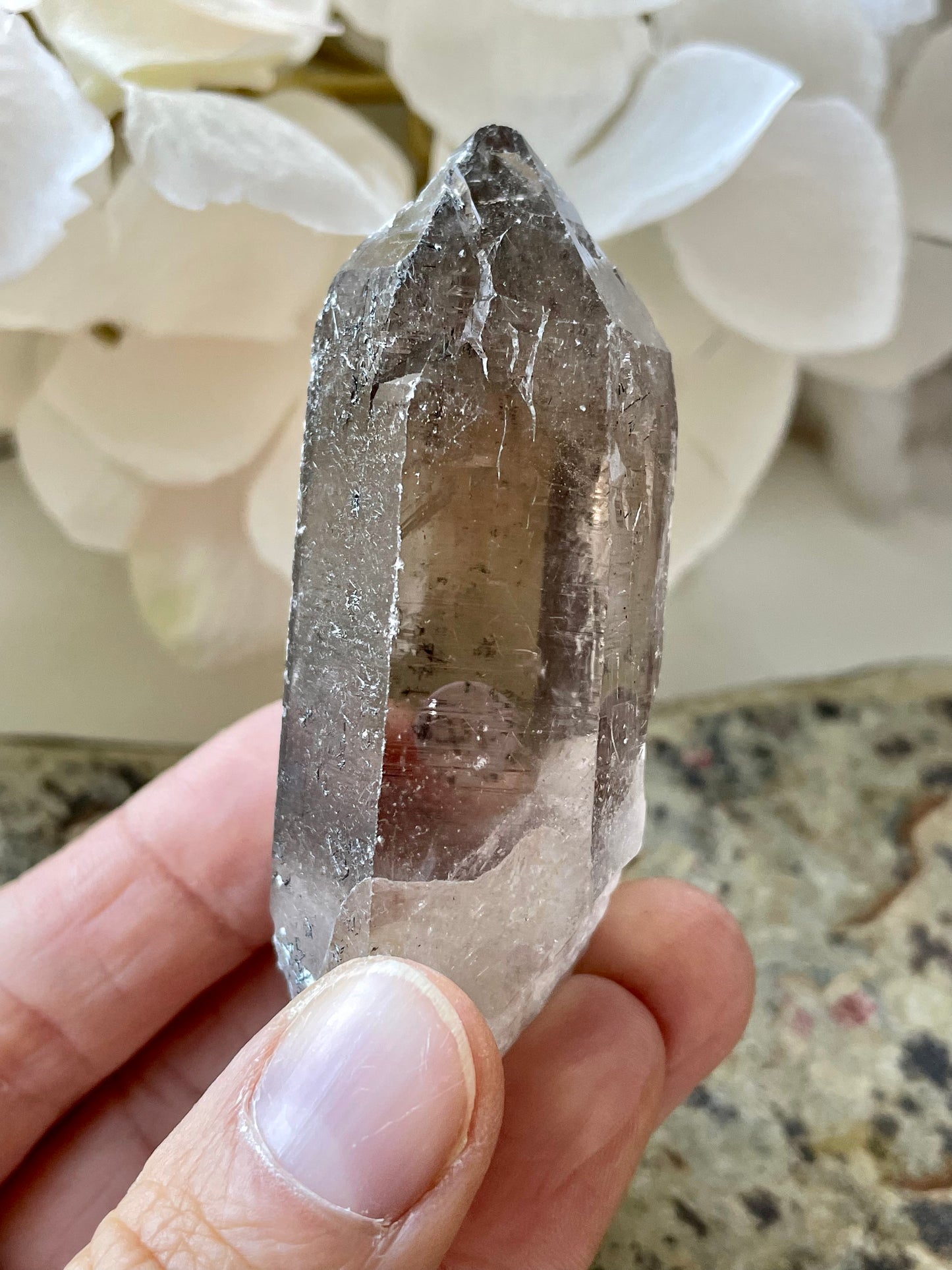 Lemurian smoky quartz with inclusions